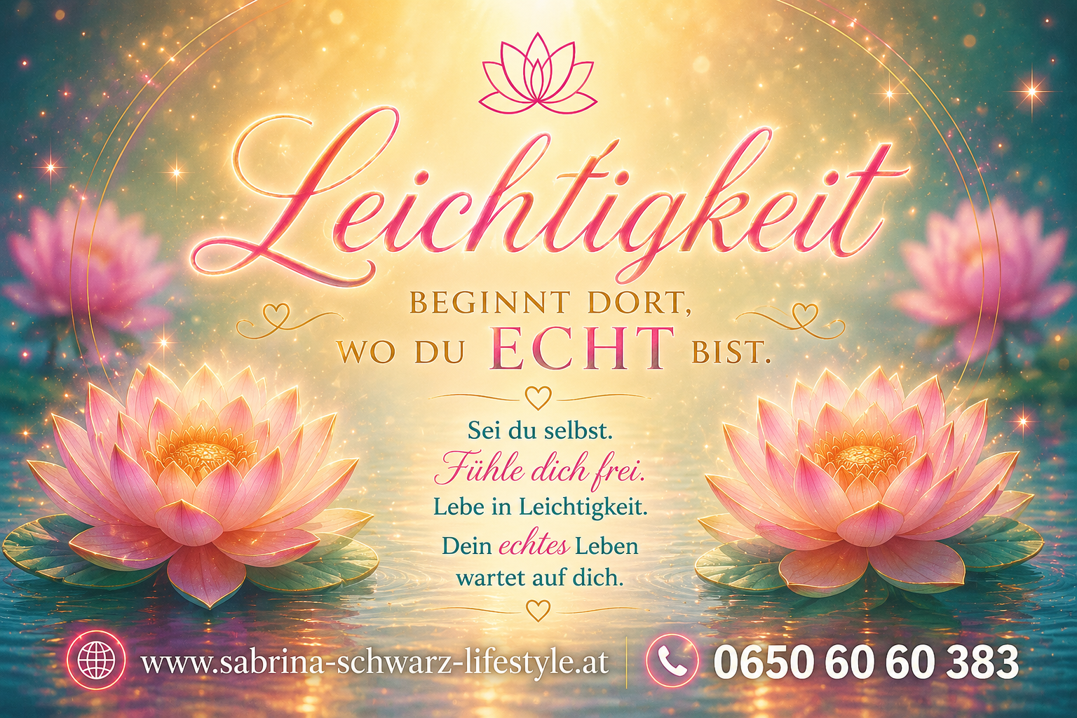 Goldener Hintergrund mit Lotusblüten, Schriftzug „Leichtigkeit“ und Spruch „Beginnt dort, wo du echt bist“.